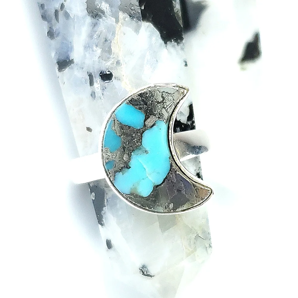 Sterling Silver Turquoise and Pyrite Crescent Moon Ring Size 7 - Picture 1 of 16